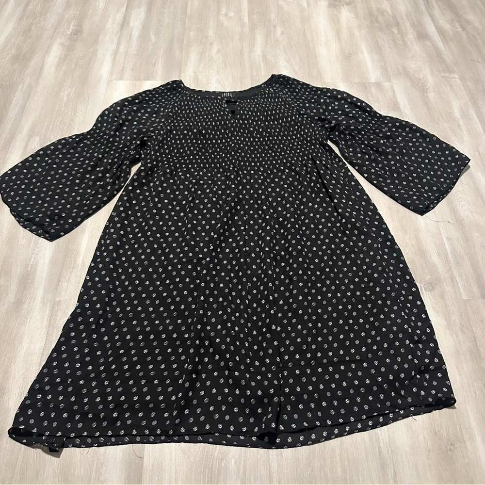 Spense Black White Polka Dot Smocked Bell Sleeve Dress Sz 12